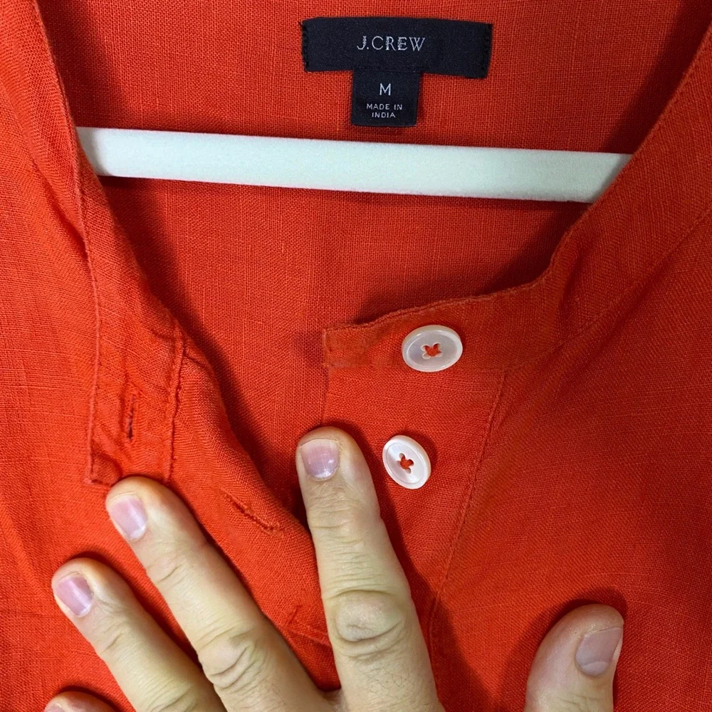 J.Crew Womens Orange 100% Linen Band Collar 3/4‎ Sleeve Tunic Blouse Medium